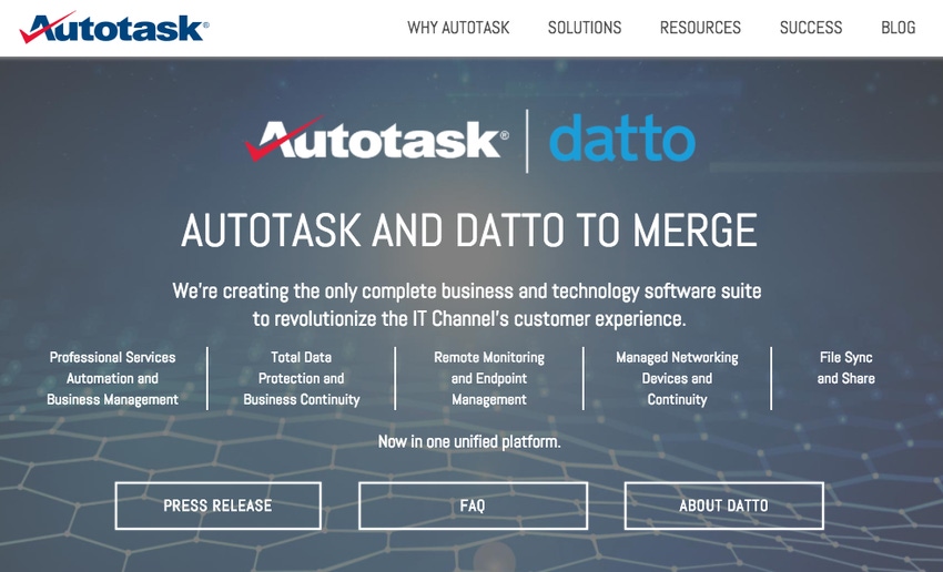 Autotask merger message with Datto from homepage
