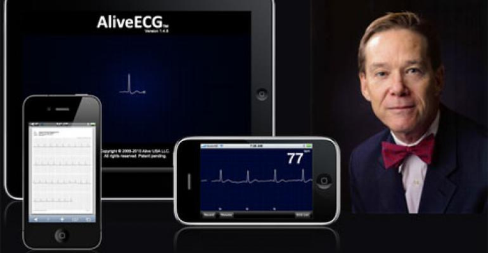 AliveCor Founder David Albert, MD, is pictured beside an iPad and iPhone displaying the AliveCor EKG app in 2011.  AliveCor is considered a pioneer of wearable medical devices.