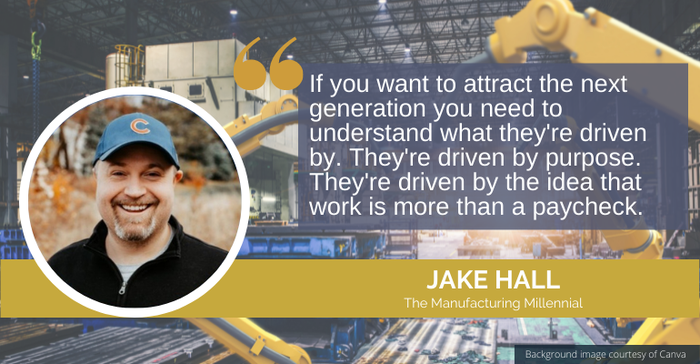 Jake Hall, The Manufacturing Millennial, with a manufacturing plant pictured in the background