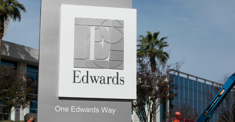 Logo sign outside the headquarters of Edwards Lifesciences in Irvine, CA