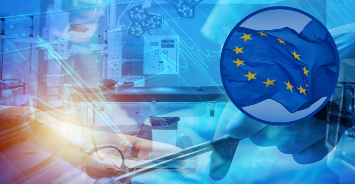 Image of the European Union flag with medical devices / operating room in the background. the European Parliament recently voted to delay the MDR transition, with a staggered deadline extension schedule based on medical device risk.