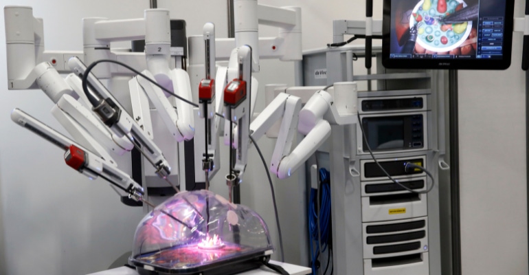 A surgical robot, manufactured by Intuitive Surgical is on display during the 5th edition of the Viva Technology show at