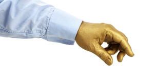 Man with a golden hand reaching for something, Midas touch.png
