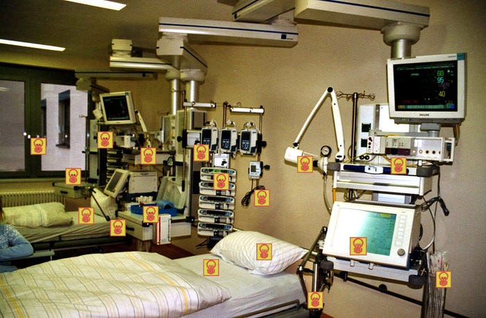 An array of surfaces can be contaminated in modern hospitals. 