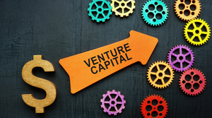 Venture Capital concept illustrated by dollar sign, mechanical gears, and an arrow that reads: venture capital