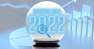 Image of a crystal ball with the text: Medtech M&A 2022, and financial charts in the background