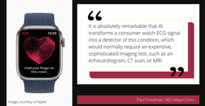 Image of an Apple Watch Series 7 showing ECG app, with quote from a Mayo Clinic physician.png