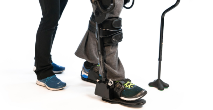 close-up photo of a patient walking using the Ekso Bionics robotic exoskeleton, which is now FDA cleared for patients with MS