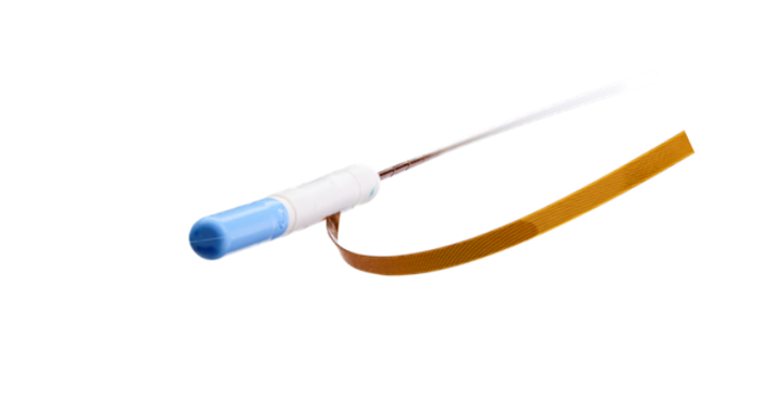 An image of the NeuroOne sEEG electrode showing the stylet and ribbon end of the device close up.