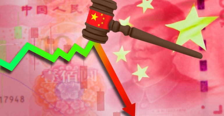 Chinese currency shown in the background with a gavel and the China flag, and a downward arrow representing the impact of