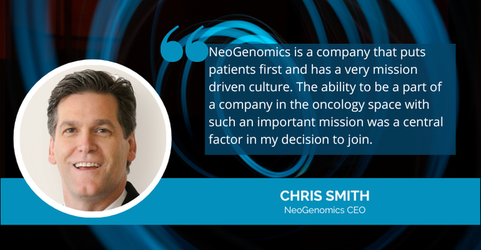 Graphic with a headshot of NeoGenomics CEO Chris Smith and a quote about why he joined the company.