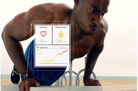 Fitbit ad purportedly showing the device being used to monitor heart rate during a strenuous workout. 