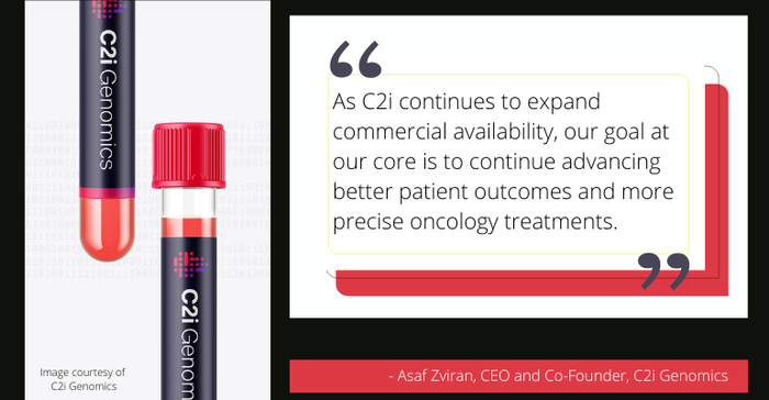 graphic illustration of a blood sample for C2i Genomics' MRD cancer test, with a quote from the CEO