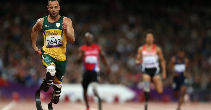 Oscar Pistorius of South Africa breaks the world record with a time of 21.30 as he competes in the Men's 200m - T44 heats on day 3 of the London 2012 Paralympic Games at Olympic Stadium on September 1, 2012 in London, England.