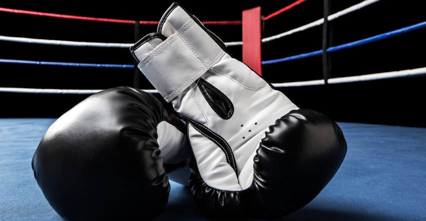 Boxing gloves in a boxing ring, illustrating that the "gloves are off" between St. Jude Medical and Medtronic