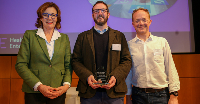 Karen Law, head of innovation at Health Tech Enterprise; Luke Lintin, MD, Buckinghamshire Healthcare NHS Trust; and Danny Godfrey, director and co-founder at eg technology. Lintin won an award for developing a medical device for female urinary incontinence. 