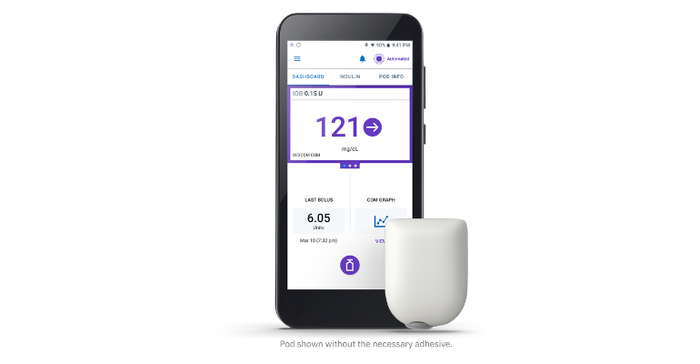 Image of an Omnipod 5 pod beside a smartphone showing the Insulet Omnipod 5 app for diabetes management