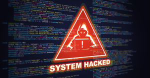 Abstract modern tech of programming code screen with warning alert of system hacked. Virus, malware, cyberattack, and