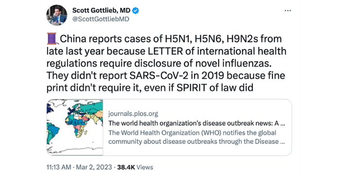 Screen capture of a Tweet by Former FDA Commissioner Scott Gottlieb, MD