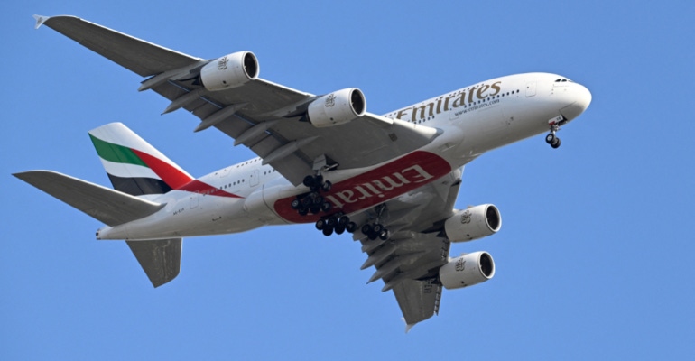 Emirates' Airbus A3800-800 airliner approaches Heathrow international airport, on the outskirts of London, on July 14, 2020