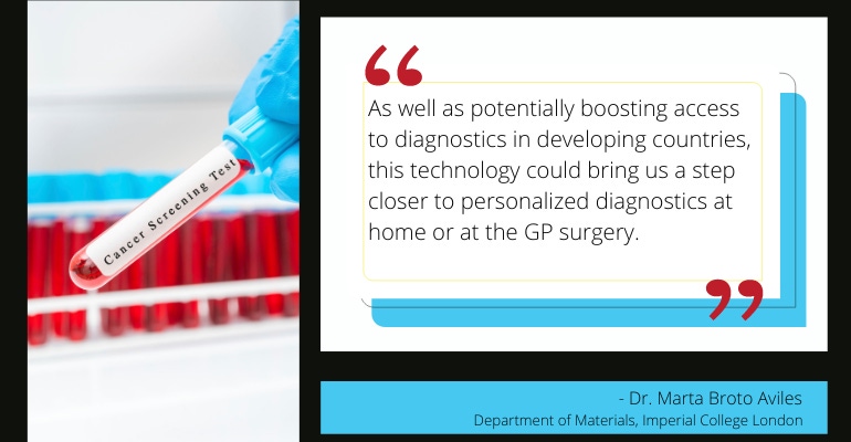 Image of a blood sample for cancer screening and a quote by a researcher about a newly developed test inspired by CRISPR