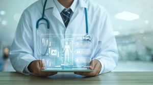 Concept image showing a doctor using digital health technology and AI healthcare applications