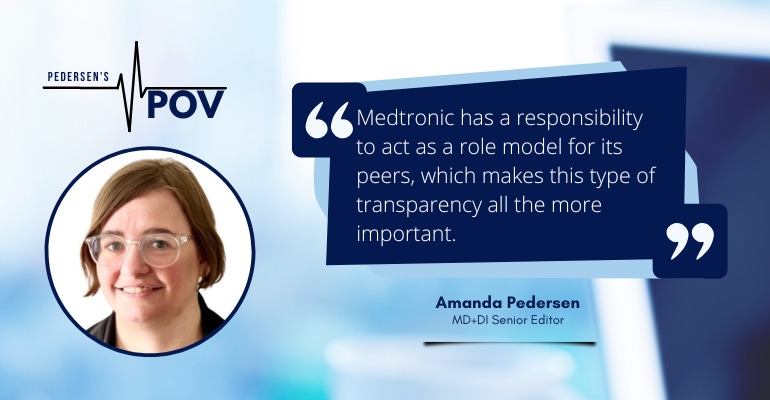 Graphic with headshot of Amanda Pedersen and quote from Pedersen's POV column on the medtech industry.