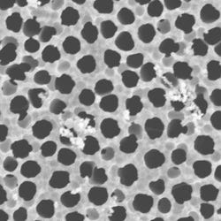 Atomic layer deposition is especially useful for coating complex nanoscale structures. This image is a scanning electron micrograph obtained from a zinc oxide-coated nanoporous alumina membrane.