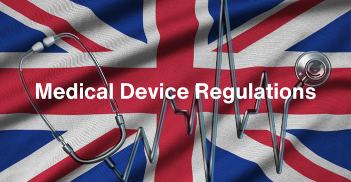 Graphic showing flag of Great Britain, a medical stethoscope, and the text: Medical Device Regulations