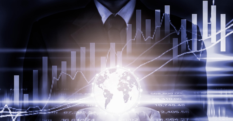Double exposure image of a person in a business suit with stock market charts and supply chain illustration in the
