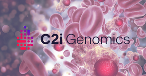C2i Genomics logo with blood cells in the background