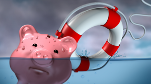 Photo illustration of a drowning pink piggy bank with life preserver, illustrates business being rescued from bankruptcy