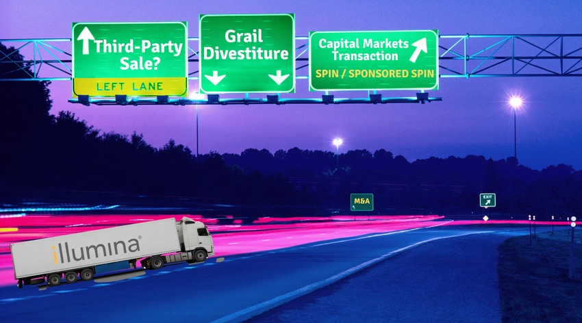 Photo illustration of a semi-truck with the Illumina logo on the side, traveling toward potential exits that represent divestment options.