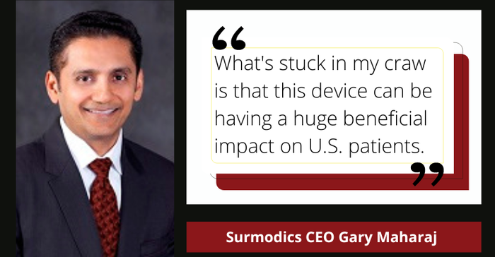 Surmodics CEO Gary Maharaj headshot and quote graphic about the company's SurVeil drug-coated balloon