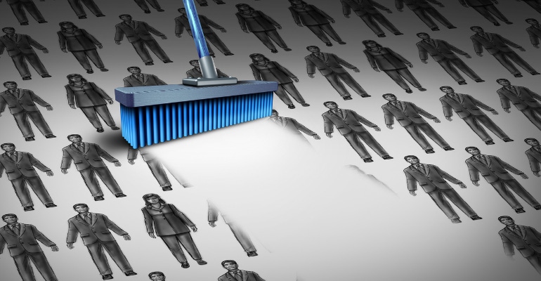 Workforce reduction and layoffs concept, large broom sweeping away business men and women.png