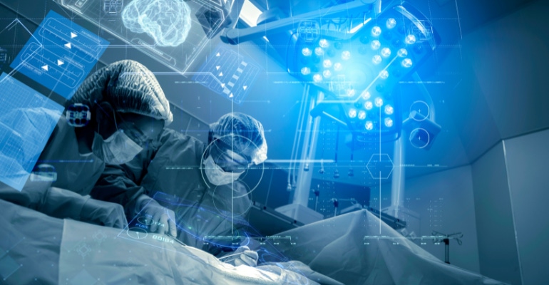stock image of two surgeons working in a futuristic-looking operating room with advanced medical technology.