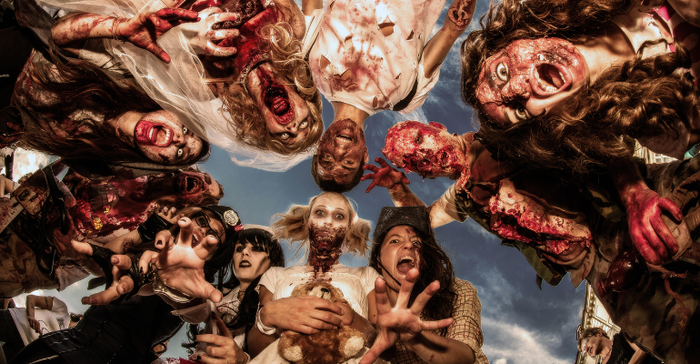 people dressed as zombies during the Zombie Walk in Turin, Italy on September 21, 2014