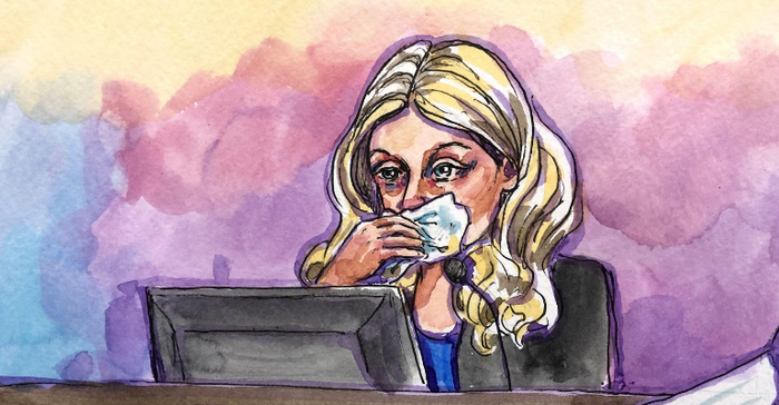 courtroom artist sketch of Theranos Founder Elizabeth Holmes during her trial, talking about her relationship with Sunny Balwani.png