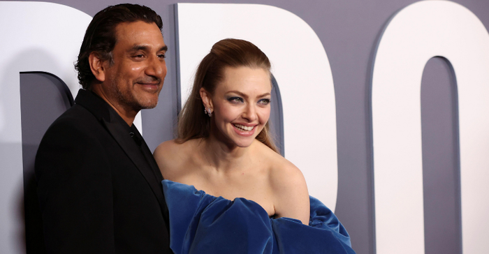 Amanda Seyfried with co-star Naveen Andrews in The Dropout, a Hulu series based on the rise and fall of Theranos
