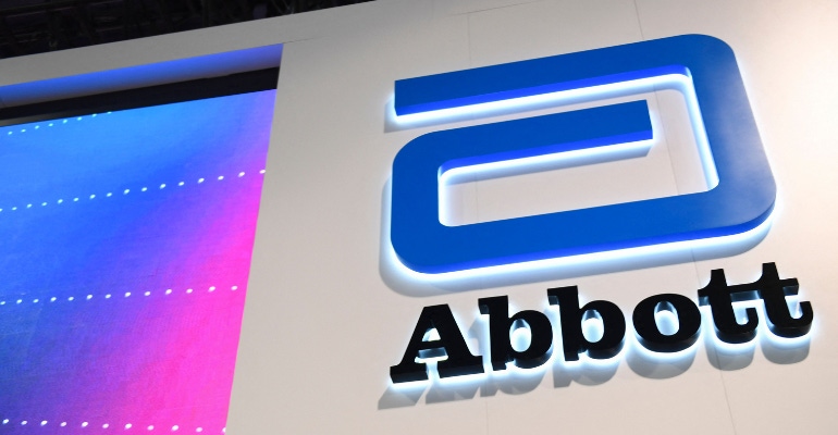 The Abbott Laboratories logo is displayed at the company's booth during the Consumer Electronics Show (CES) on January 5,