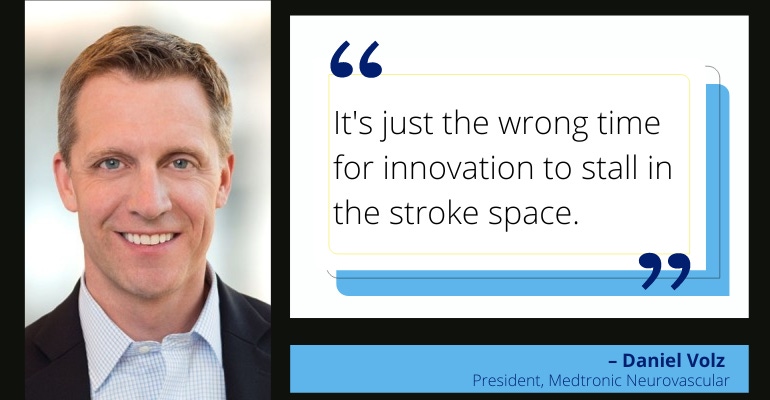 graphic featuring a headshot of Dan Voltz, president of Medtronic Neurovascular, and his quote about stroke innovation