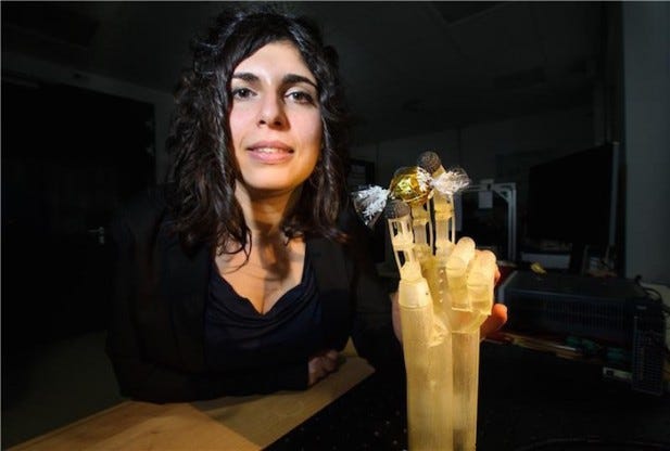 Doctoral student Filomena Simone helped develop the hand prototype pictured here. 