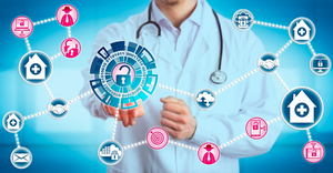 medical device cybersecurity concept showing a doctor with a network of cybersecurity icons.