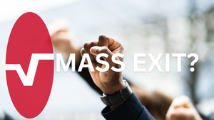 Graphic illustration of a possible mass resignation at Masimo. Mock Masimo logo with text "Mass Exit?" and raised fists in background.