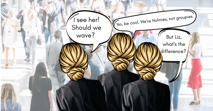 Editorial cartoon depicting 3 blonde women dressed as Elizabeth Holmes, trying to catch a glimpse of the real Holmes while waiting outside the courthouse in San Jose, CA on Sept. 8, 2021
