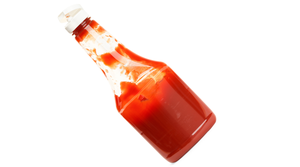 ketchup bottle, half used, residual ketchup clinging to the inside of the plastic bottle