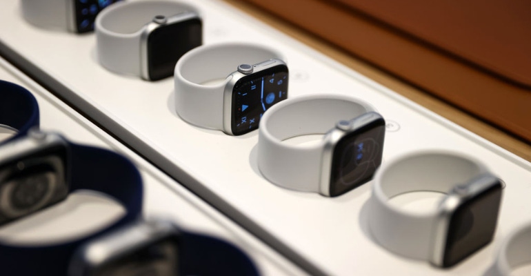 Apple Watch models on display at an Apple Store in Singapore in September 2021