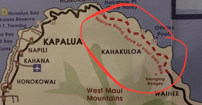 map of West Maui showing the Kahakuloa Highway, which is marked "drive at your own risk"