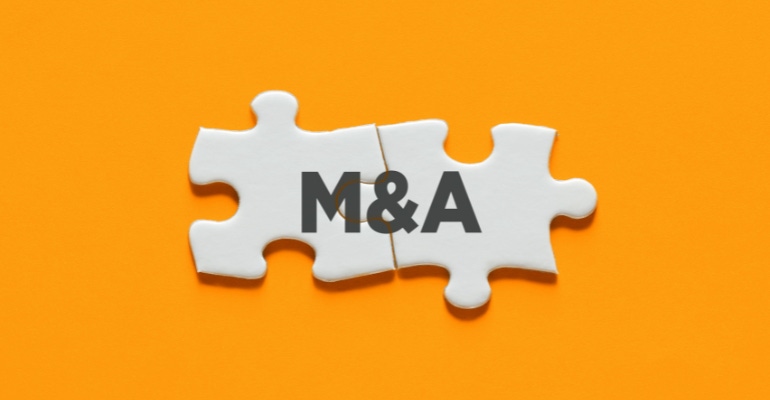 Two connected puzzle pieces with "M&A" printed across them, representative of OrthoPediatrics and Pega Medical M&A