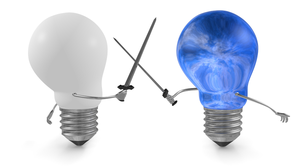 photo illustration of an intellectual property dispute showing two light bulbs fighting with swords, one blue and one white